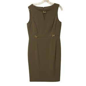 Tahari Sheath Dress Gold Buckle Accent Sz 12P Avocado Green Worn Once Petite